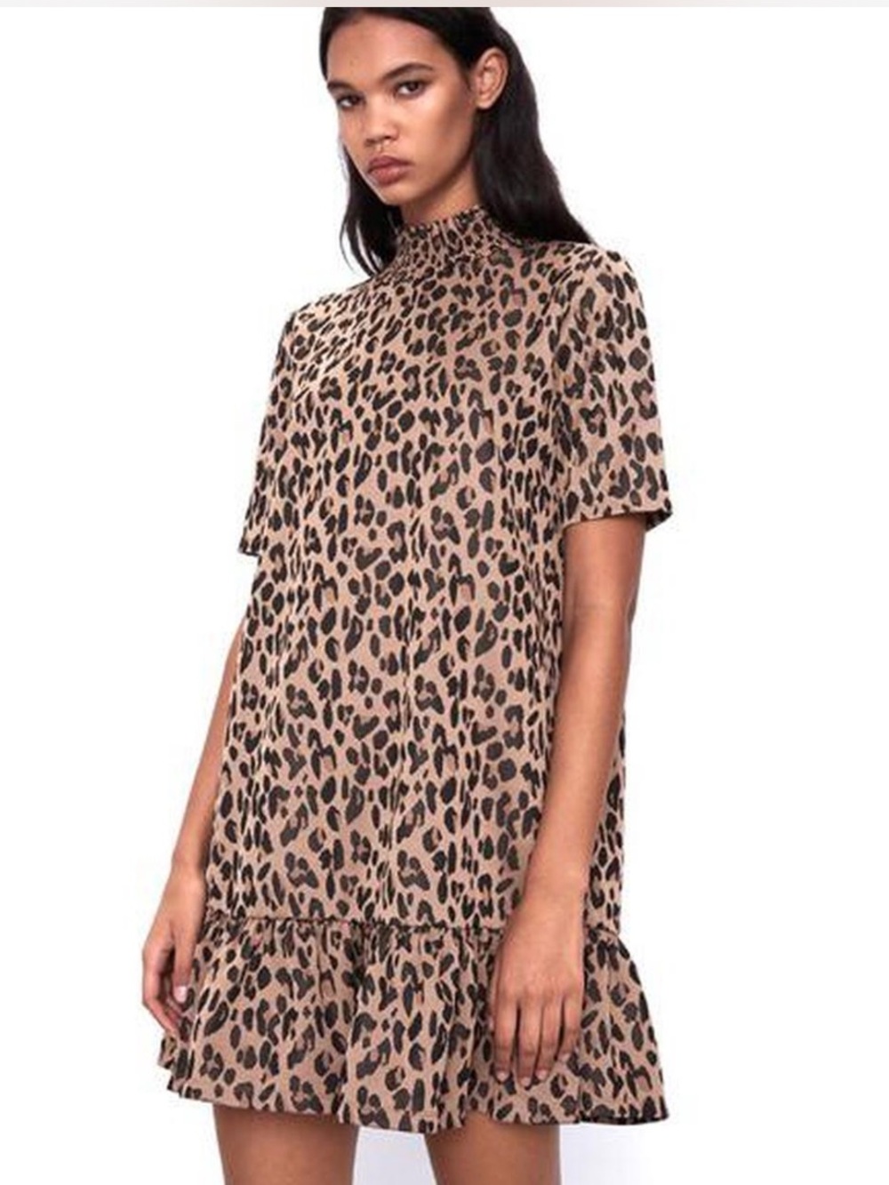 ZARA Leopard Animal Print Jacquard Short Sleeves High Mock Neck Dress Small